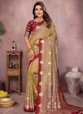 golden handloom kalamkari silk blend with zari woven design saree with blouse 1