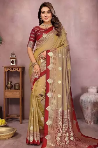 golden handloom kalamkari silk blend with zari woven design saree with blouse