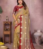 golden handloom kalamkari silk blend with zari woven design saree with blouse