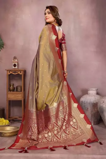 golden handloom kalamkari silk blend with zari woven design saree with blouse