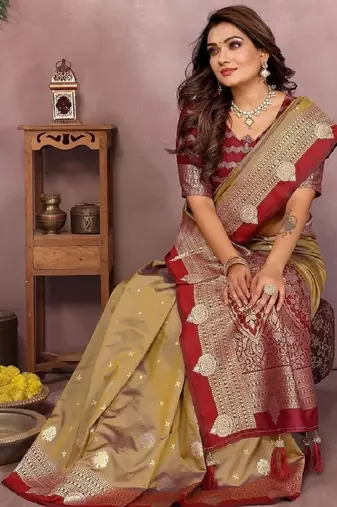 golden handloom kalamkari silk blend with zari woven design saree with blouse
