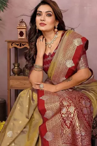 golden handloom kalamkari silk blend with zari woven design saree with blouse