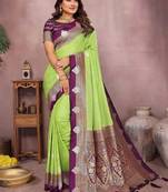 perrot handloom kalamkari silk blend with zari woven design saree with blouse