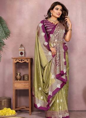 pista handloom kalamkari silk blend with zari woven design saree with blouse 3
