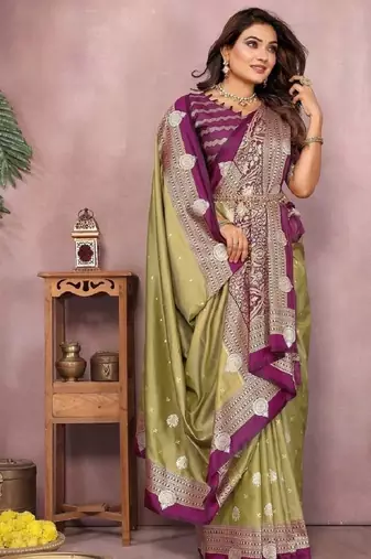 pista handloom kalamkari silk blend with zari woven design saree with blouse