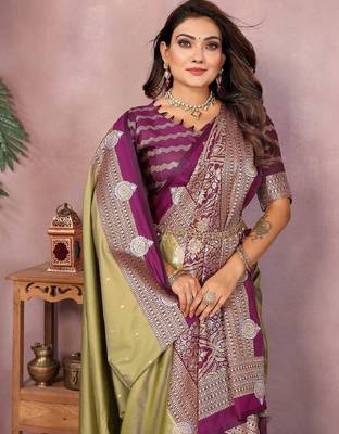 pista handloom kalamkari silk blend with zari woven design saree with blouse 4