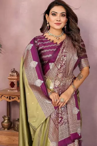 pista handloom kalamkari silk blend with zari woven design saree with blouse