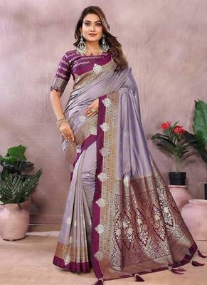 lavender handloom kalamkari silk blend with zari woven design saree with blouse 1
