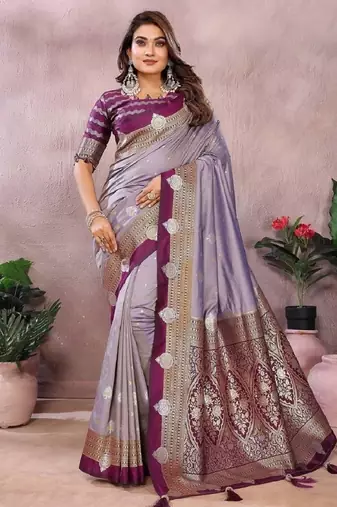 lavender handloom kalamkari silk blend with zari woven design saree with blouse
