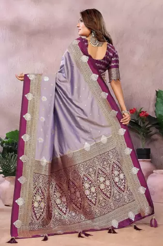 lavender handloom kalamkari silk blend with zari woven design saree with blouse