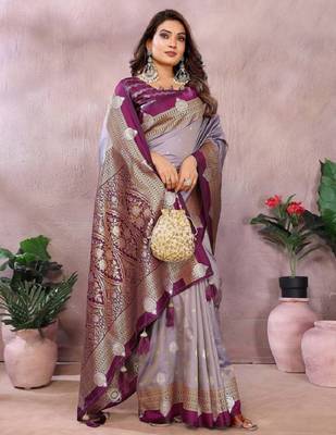 lavender handloom kalamkari silk blend with zari woven design saree with blouse 3