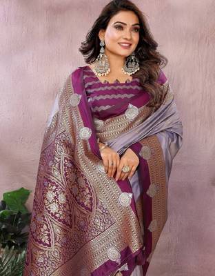 lavender handloom kalamkari silk blend with zari woven design saree with blouse 4