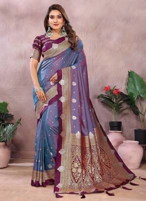 purple handloom kalamkari silk blend with zari woven design saree with blouse 1