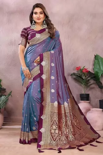 purple handloom kalamkari silk blend with zari woven design saree with blouse