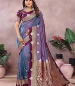 purple handloom kalamkari silk blend with zari woven design saree with blouse