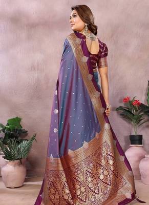 purple handloom kalamkari silk blend with zari woven design saree with blouse 2