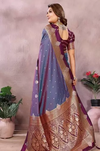 purple handloom kalamkari silk blend with zari woven design saree with blouse