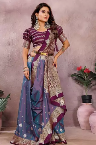 purple handloom kalamkari silk blend with zari woven design saree with blouse