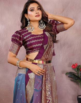 purple handloom kalamkari silk blend with zari woven design saree with blouse 4