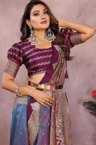 purple handloom kalamkari silk blend with zari woven design saree with blouse