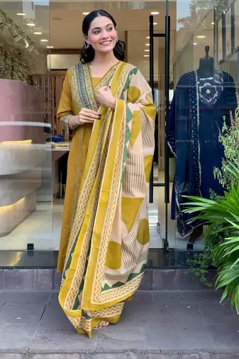 Mustard Yellow Embroidered Cotton Kurta Set with Geometric Print Dupatta