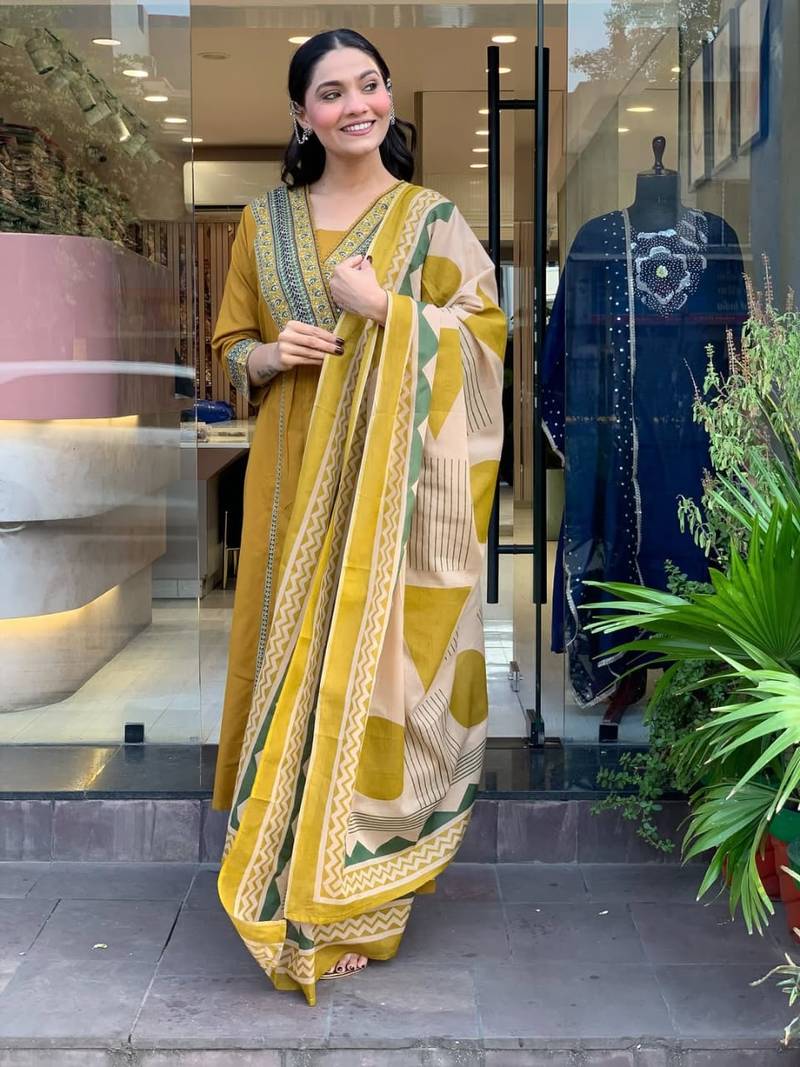 Mustard Yellow Embroidered Cotton Kurta Set with Geometric Print Dupatta