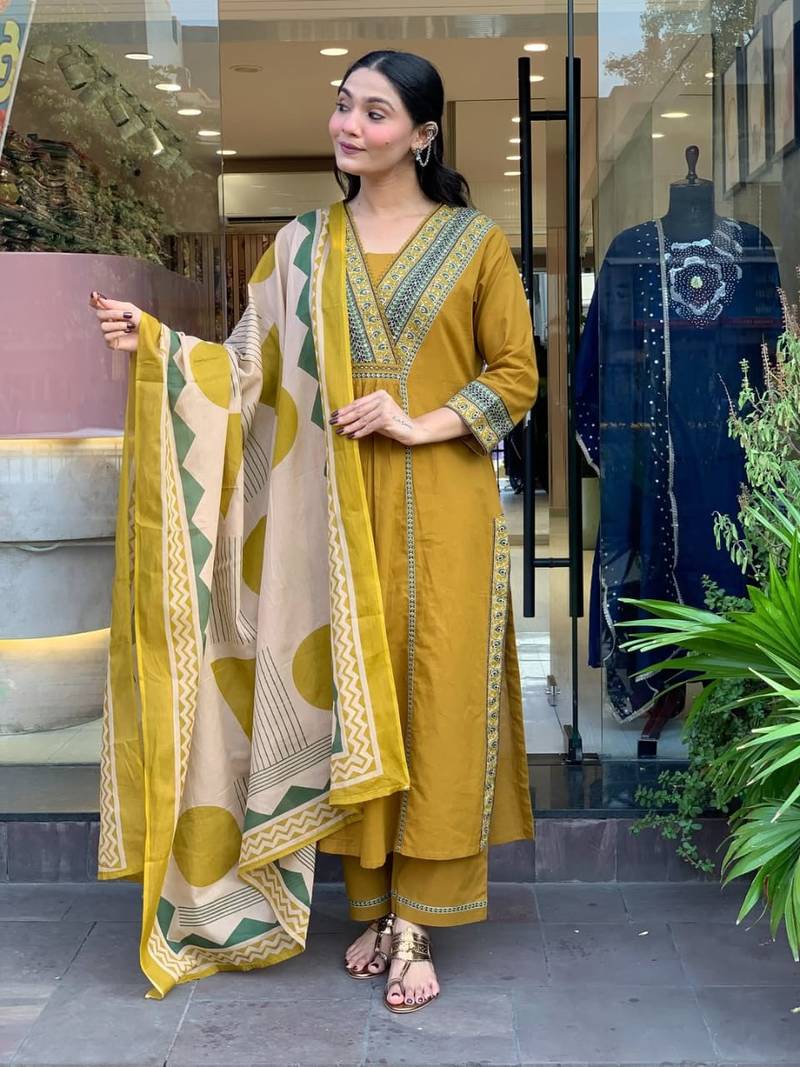 Mustard Yellow Embroidered Cotton Kurta Set with Geometric Print Dupatta