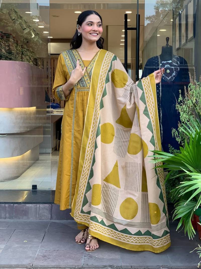 Mustard Yellow Embroidered Cotton Kurta Set with Geometric Print Dupatta