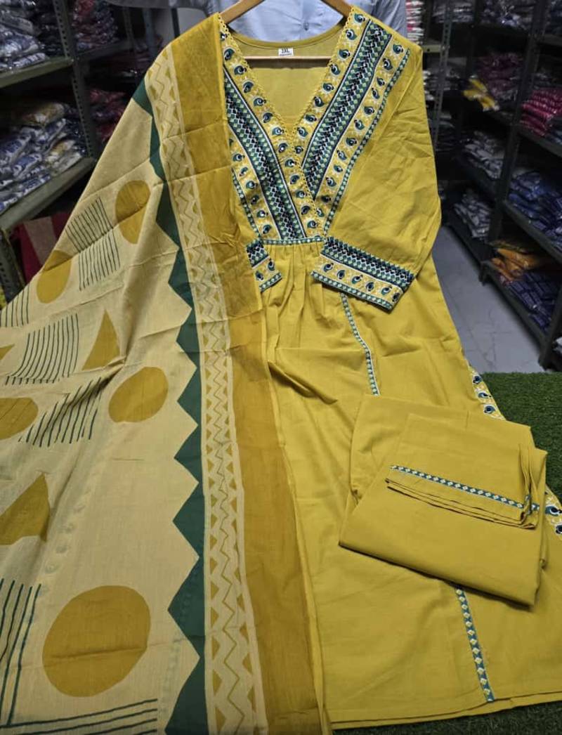 Mustard Yellow Embroidered Cotton Kurta Set with Geometric Print Dupatta