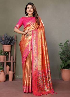 orange banarasi tissue silk blend with leheriya weaving saree with blouse 1