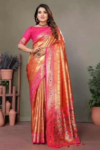 orange banarasi tissue silk blend with leheriya weaving saree with blouse