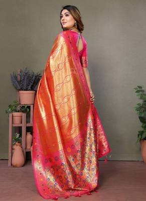 orange banarasi tissue silk blend with leheriya weaving saree with blouse 2