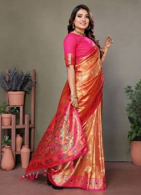 orange banarasi tissue silk blend with leheriya weaving saree with blouse 3