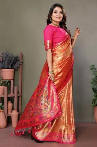 orange banarasi tissue silk blend with leheriya weaving saree with blouse
