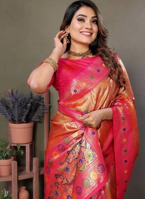 orange banarasi tissue silk blend with leheriya weaving saree with blouse 4