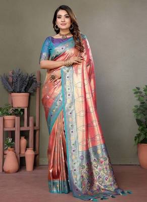 coral banarasi tissue silk blend with leheriya weaving saree with blouse 1