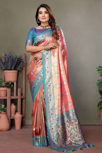 coral banarasi tissue silk blend with leheriya weaving saree with blouse
