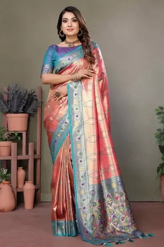 coral banarasi tissue silk blend with leheriya weaving saree with blouse