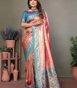 coral banarasi tissue silk blend with leheriya weaving saree with blouse