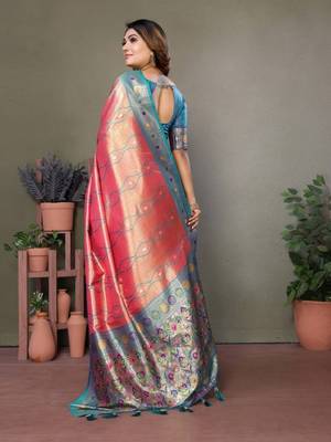 coral banarasi tissue silk blend with leheriya weaving saree with blouse 2