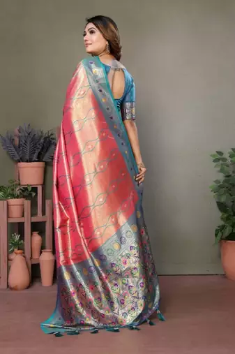 coral banarasi tissue silk blend with leheriya weaving saree with blouse