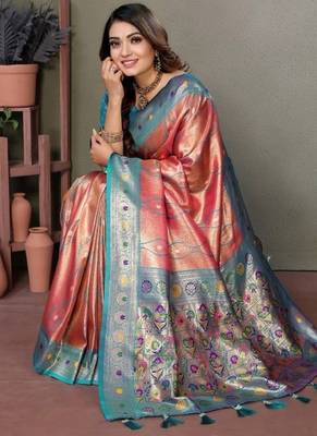 coral banarasi tissue silk blend with leheriya weaving saree with blouse 3