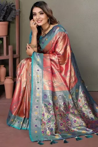 coral banarasi tissue silk blend with leheriya weaving saree with blouse