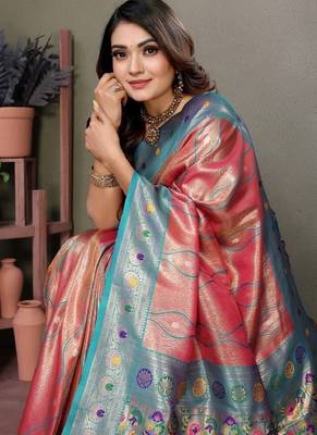 coral banarasi tissue silk blend with leheriya weaving saree with blouse 4