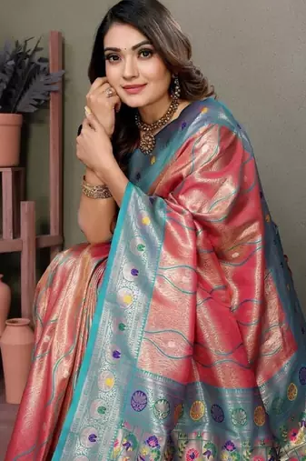 coral banarasi tissue silk blend with leheriya weaving saree with blouse