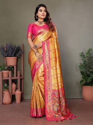 yellow banarasi tissue silk blend with leheriya weaving saree with blouse 1