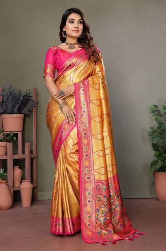 yellow banarasi tissue silk blend with leheriya weaving saree with blouse