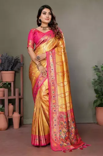 yellow banarasi tissue silk blend with leheriya weaving saree with blouse