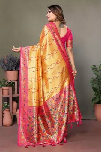 yellow banarasi tissue silk blend with leheriya weaving saree with blouse