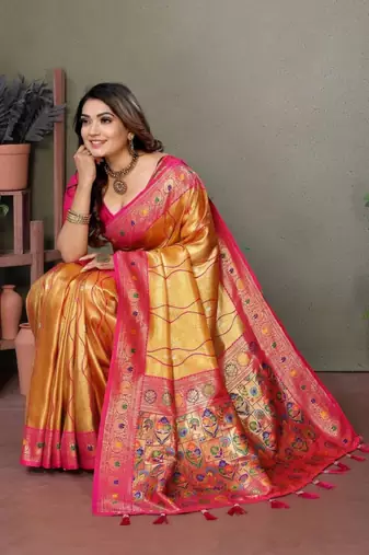 yellow banarasi tissue silk blend with leheriya weaving saree with blouse